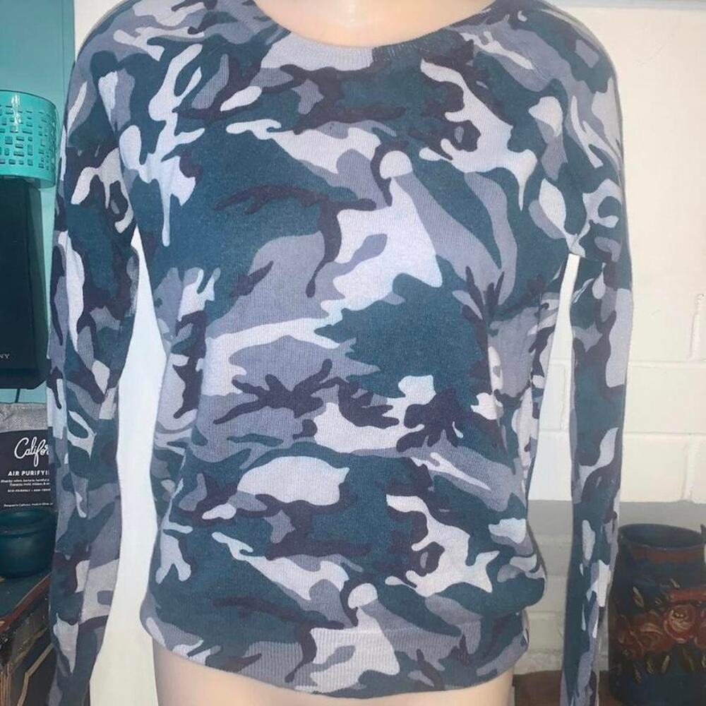 NEW TEAL & DENIM BLUE CAMOUFLAGE CAMO COTTON/CASHMERE BLEND SWEATER